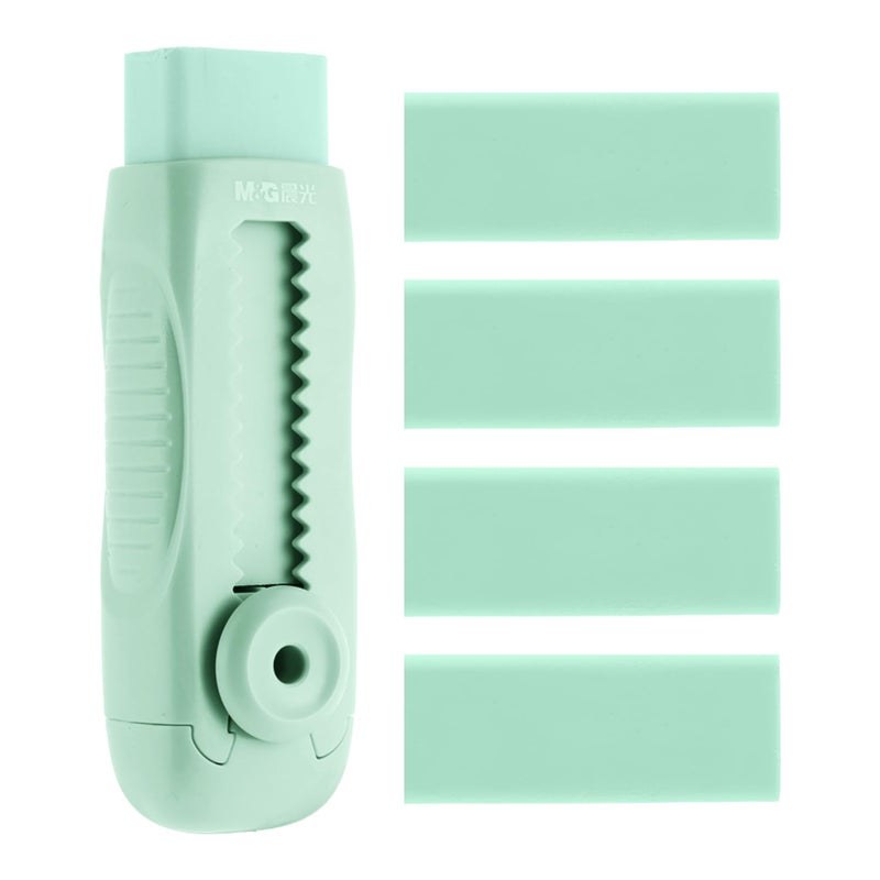 M&G 4+1 Pack Rubber Erasers Sliding Retractable Eraser, Soft Cute Erasers Push Pull Large Pencil Eraser with Plastic Sleeve 4 Refill Eraser for Students Kids, School Office Home Supplies (Green) - Image 1